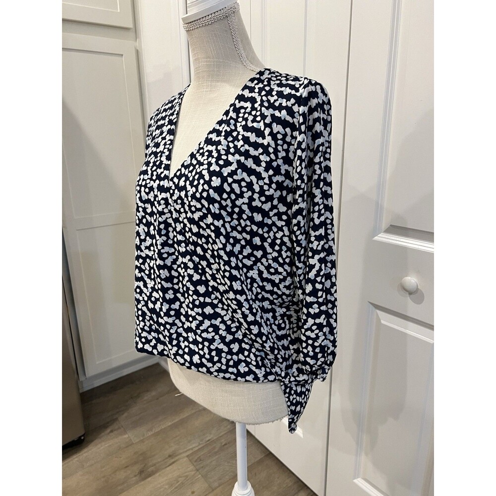 Veronica M. Sz Small Navy, White Abstract Print 3/4 Sleeve Faux Wrap Woven Top